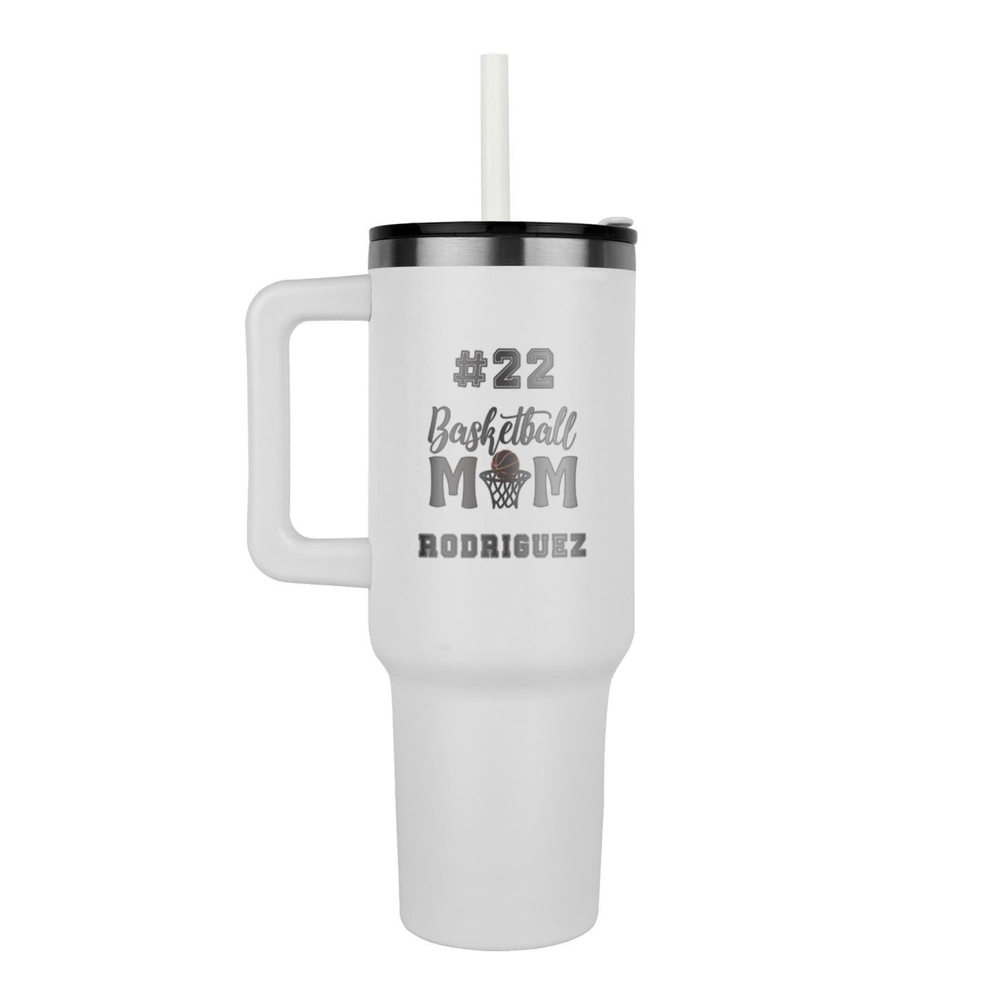 Basketball Mom Tumbler Personalized Gift, 40oz Stainless Steel Sports Drinkware, Custom Engraved Cup with Handle
