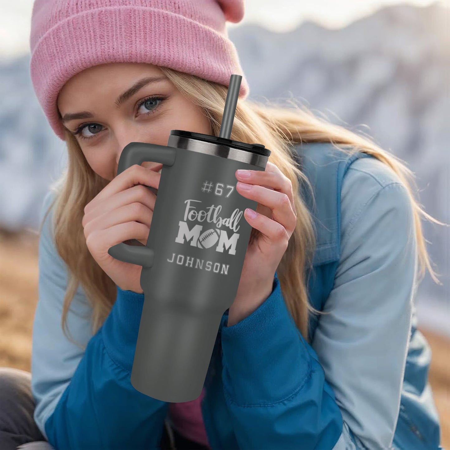 40oz Laser Engraved Tumbler, Stainless Steel Insulated Travel Mug, Custom Football Mom Gift, Personalized Hydrating Cup