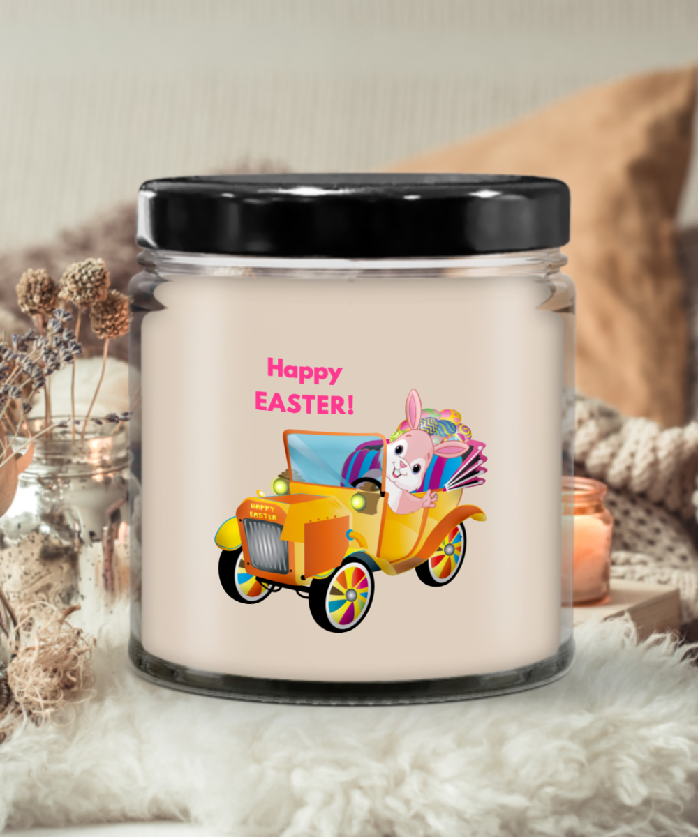 Happy Easter Bunny in Car Vanilla Scented Candle in Keepsake Jar with Lid