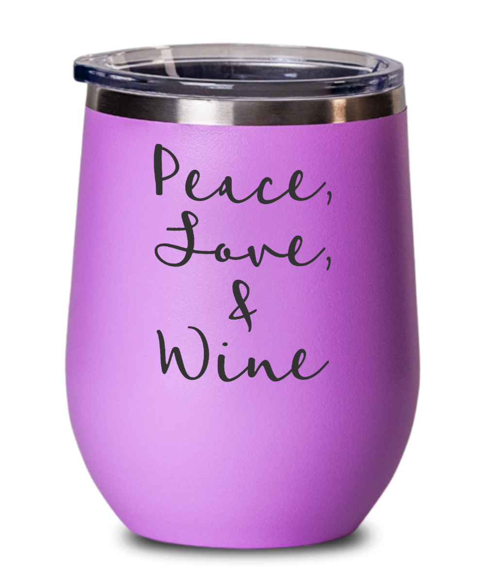Peace, Love, and Wine Stemless Wine Glass