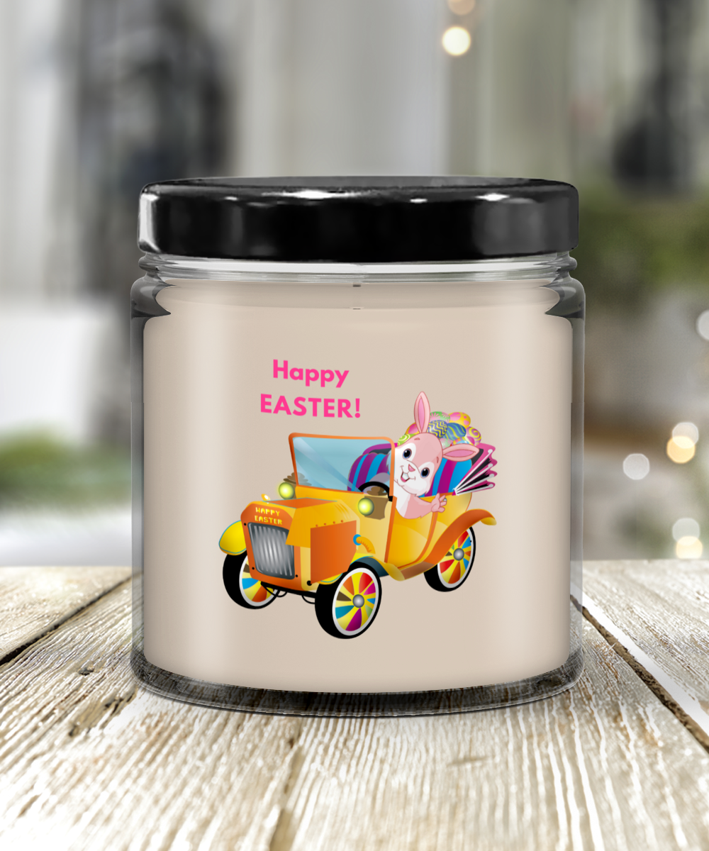 Happy Easter Bunny in Car Vanilla Scented Candle in Keepsake Jar with Lid