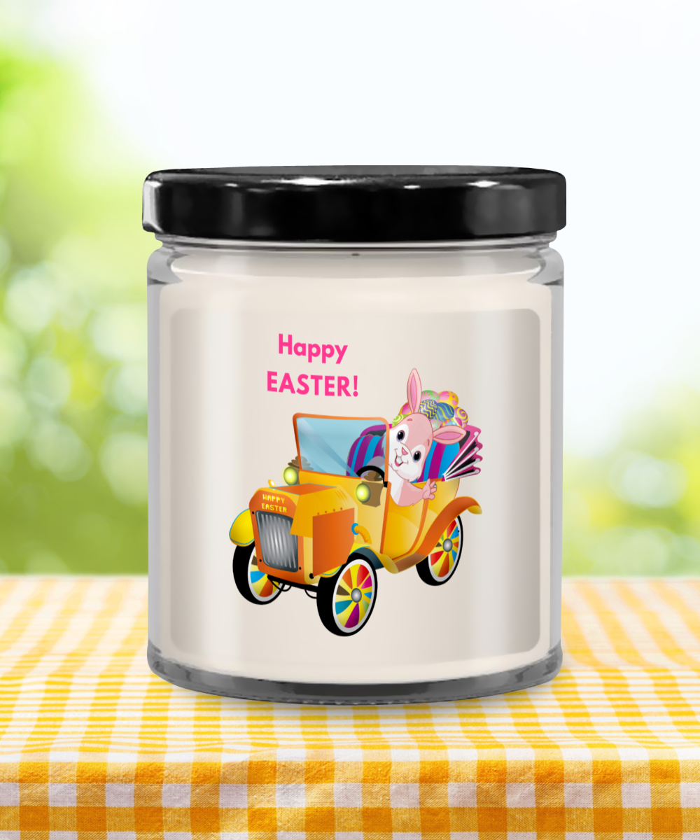Happy Easter Bunny in Car Vanilla Scented Candle in Keepsake Jar with Lid