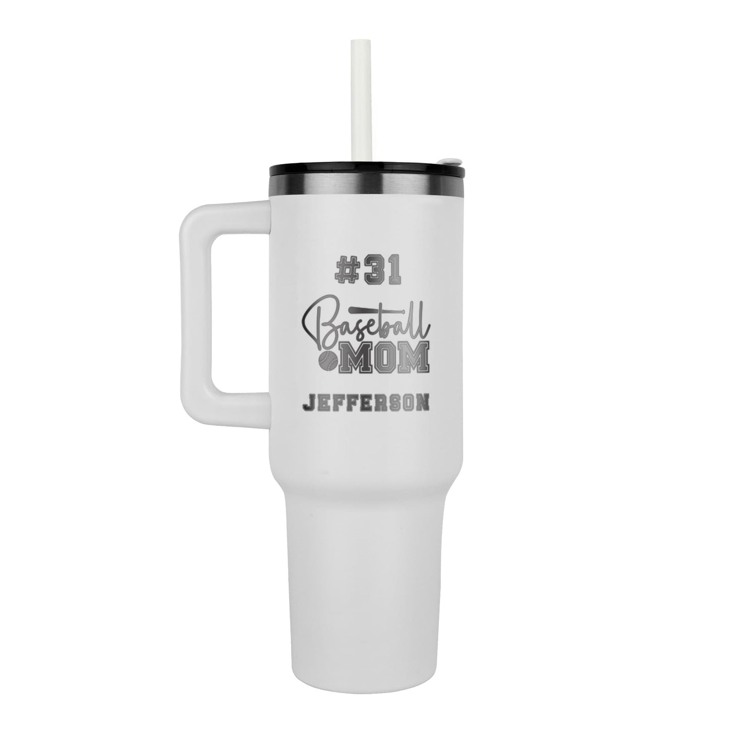 40oz Tumbler with Handle, Baseball Mom Tumbler, Personalized Sports Gift, Laser Engraved Travel Mug, Stainless Steel Cup, Gift for Her