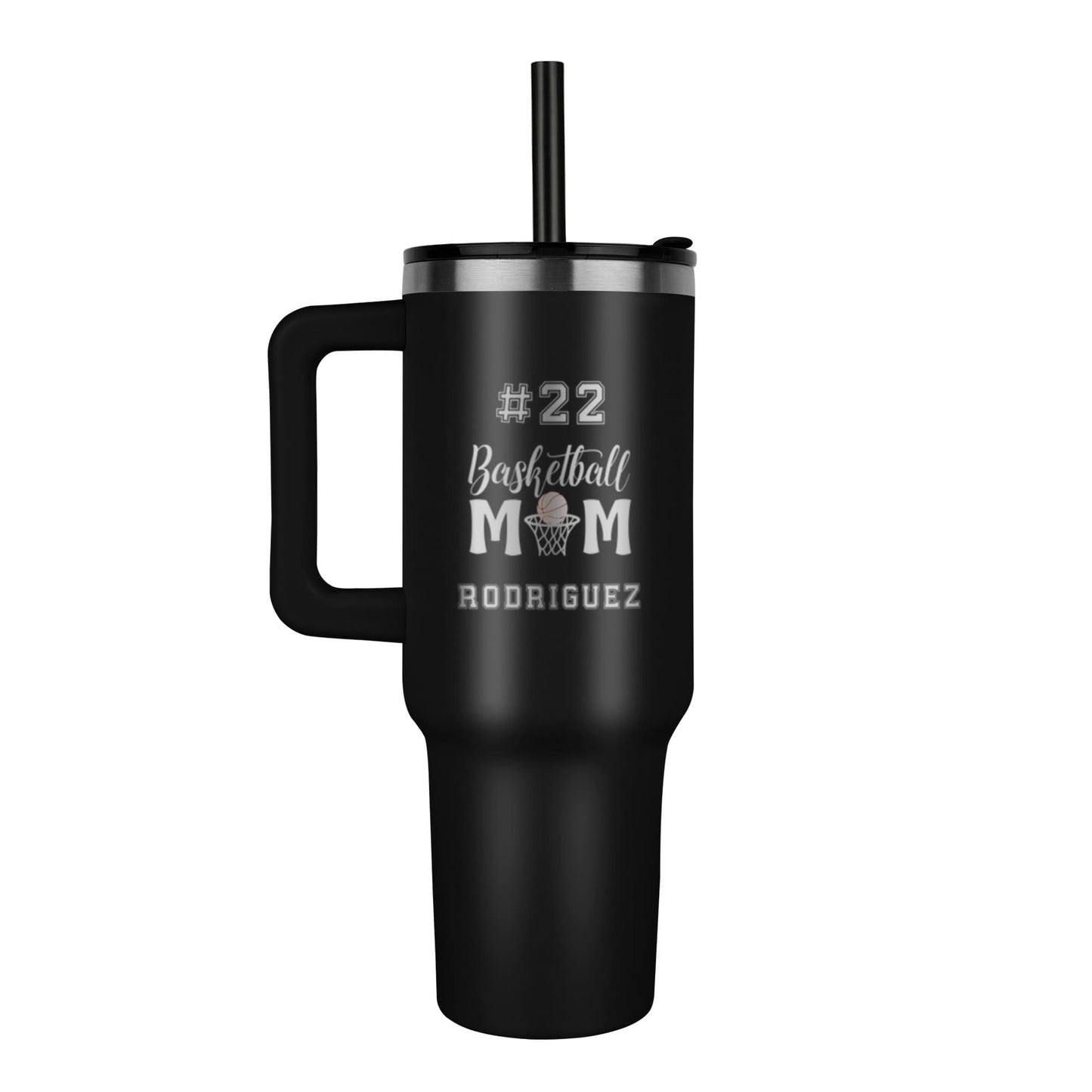 Basketball Mom Tumbler Personalized Gift, 40oz Stainless Steel Sports Drinkware, Custom Engraved Cup with Handle