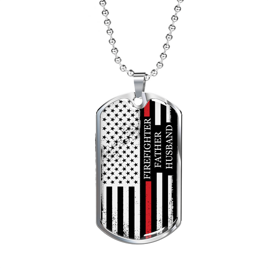 Firefighter Father Husband Silver Dog Tag Chain - Engraving Option