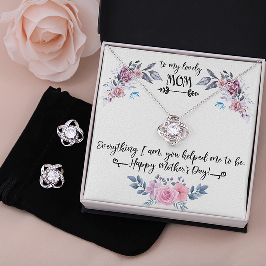 To My Lovely Mom on Mother's Day Stunning 3pc Jewelry Set Matching Love Knot Necklace and Earrings