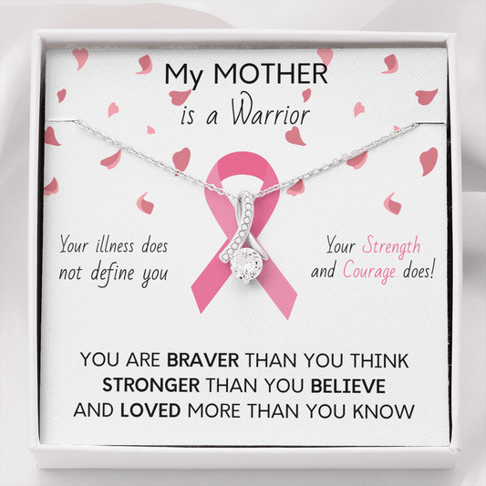 BREAST CANCER Ribbon My MOTHER Is A Warrior - Beautiful Ribbon Necklace - Breast Cancer Awareness for Mother