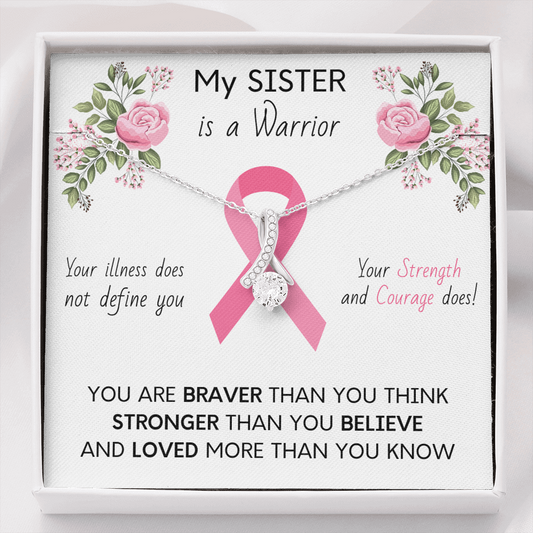 BREAST CANCER Ribbon My SISTER Is A Warrior - Beautiful Ribbon Necklace - Breast Cancer Awareness for Sister