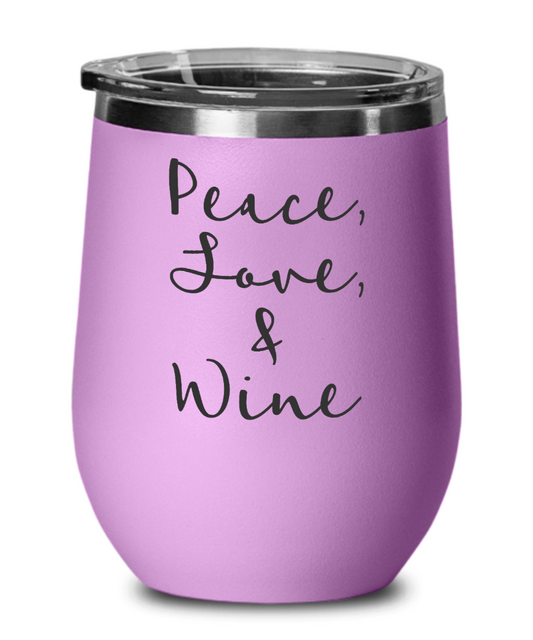 Peace, Love, and Wine Stemless Wine Glass