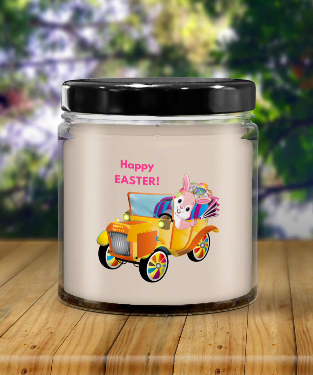 Happy Easter Bunny in Car Vanilla Scented Candle in Keepsake Jar with Lid