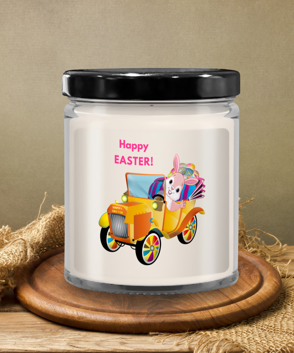 Happy Easter Bunny in Car Vanilla Scented Candle in Keepsake Jar with Lid